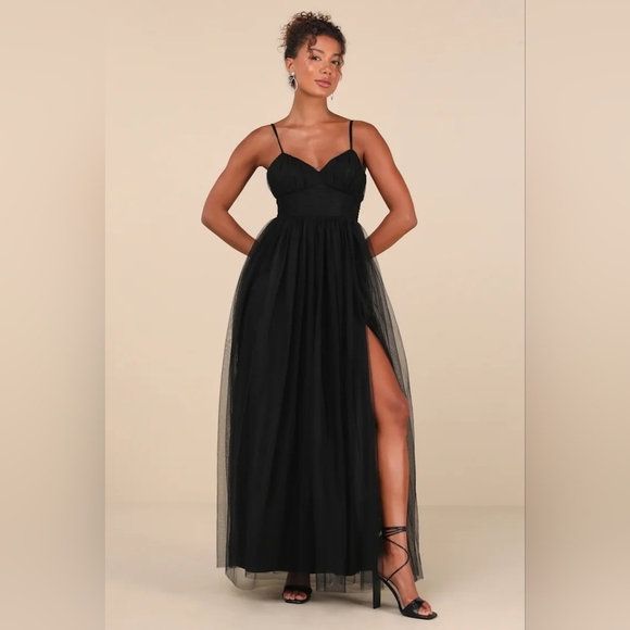 Lulus Convincingly Graceful Black Tulle Sleeveless Maxi Dress Wedding Party Prom - Picture 2 of 9